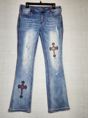Flamingo Embroidered Cross Straight-Leg Jeans Womens L Distressed W 32"